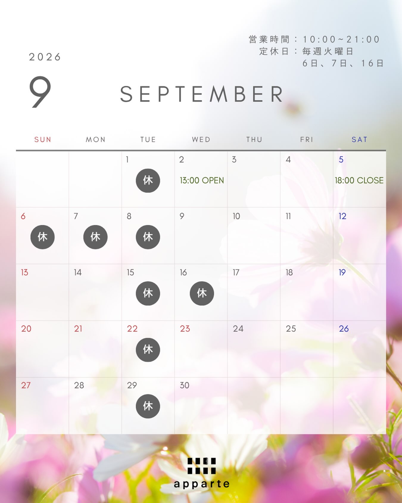 こんにちは、apparteの萩原です。
9月の営業についてのご案内です。
まずはご報告です。
先月末に腱鞘炎の手術を行い、現在リハビリと並行してサロンワークを行なっております。
日常生活の中においてもリハビリ的にどんどんいつも通りの動きを行なっていった方が良いので、基本的には術前と同じペースでサロンワークを行なっていきます。
ですが、やはりまだ痛み等はあるので、同日に複数件のヘッドスパ施術をお受けするのが厳しいこともあります。
その際は、大変恐縮ですが日程変更をお願いすることがあると思いますので、何卒ご容赦ください🙇
次に、今後のサロン営業における休業日についてです。
9月より、休業日を現行の週1日(月4日)から月6日に変更いたします。
【毎週火曜日+不定で2日】の休業といたしますので、こちらもご理解とご了承をよろしくお願いいたします🙇
そして、今月9月に夏季休業をいただきます。
そちらを踏まえての営業スケジュールが下記のようになります👇
■■■■■■■■■■■■■■■■■■■■
9/1(火):定休日
9/5(土):14:00CLOSE /午後から夏季休業
9/6(日):夏季休業
9/7(月):夏季休業
9/8(火):定休日
9/15(火):定休日
9/16(水):今月より新設の休業日
9/22(火・祝):定休日
9/29(火):定休日
■■■■■■■■■■■■■■■■■■■■
このように予定しております。
皆様にはご不便・ご迷惑をおかけすることは重々承知の上ではありますが、
自分自身のコンディション管理やサロンの環境を整えるためにも、
今以上にサロンワーク以外の時間が必要だと感じ今回の決断に至りました。
ご理解いただければ幸いです。
ご不明点等はお気軽にお尋ねください!
それでは今月もよろしくお願いいたします🙌
=====================
【apparte】
〒103-0005
東京都中央区日本橋久松